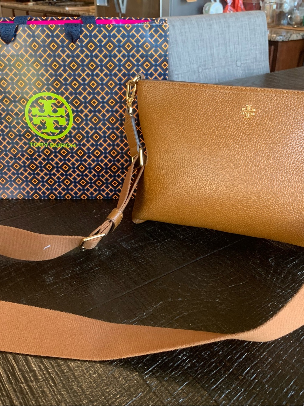 Tory Burch Cognac Pebbled Leather Crossbody with Gold Logo